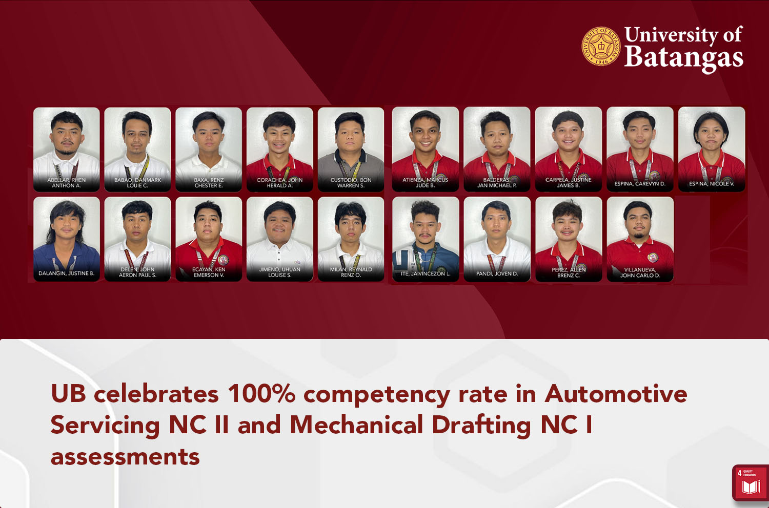UB celebrates 100% competency rate in Automotive Servicing NC II and ...